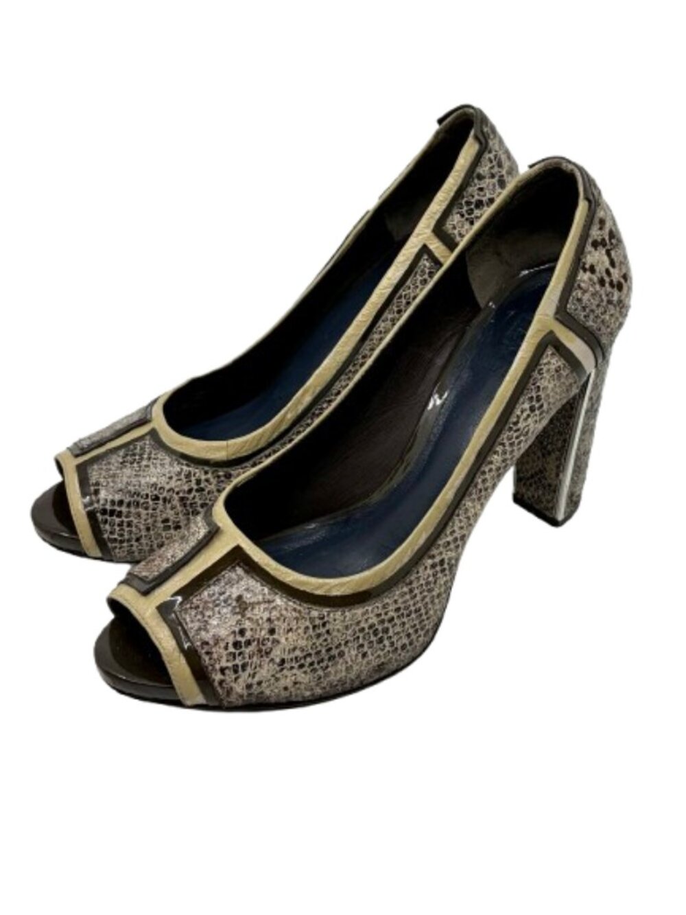 TORY BURCH~Matilda Pitone Rocha Snake Embossed Leather Chunky Pumps SIZE 8.5